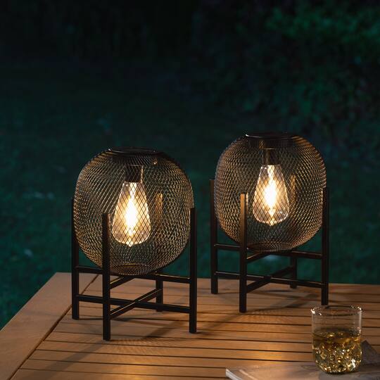 Glitzhome® 11.5" Metal Mesh Black Solar Powered Lantern with Stand, 2ct.